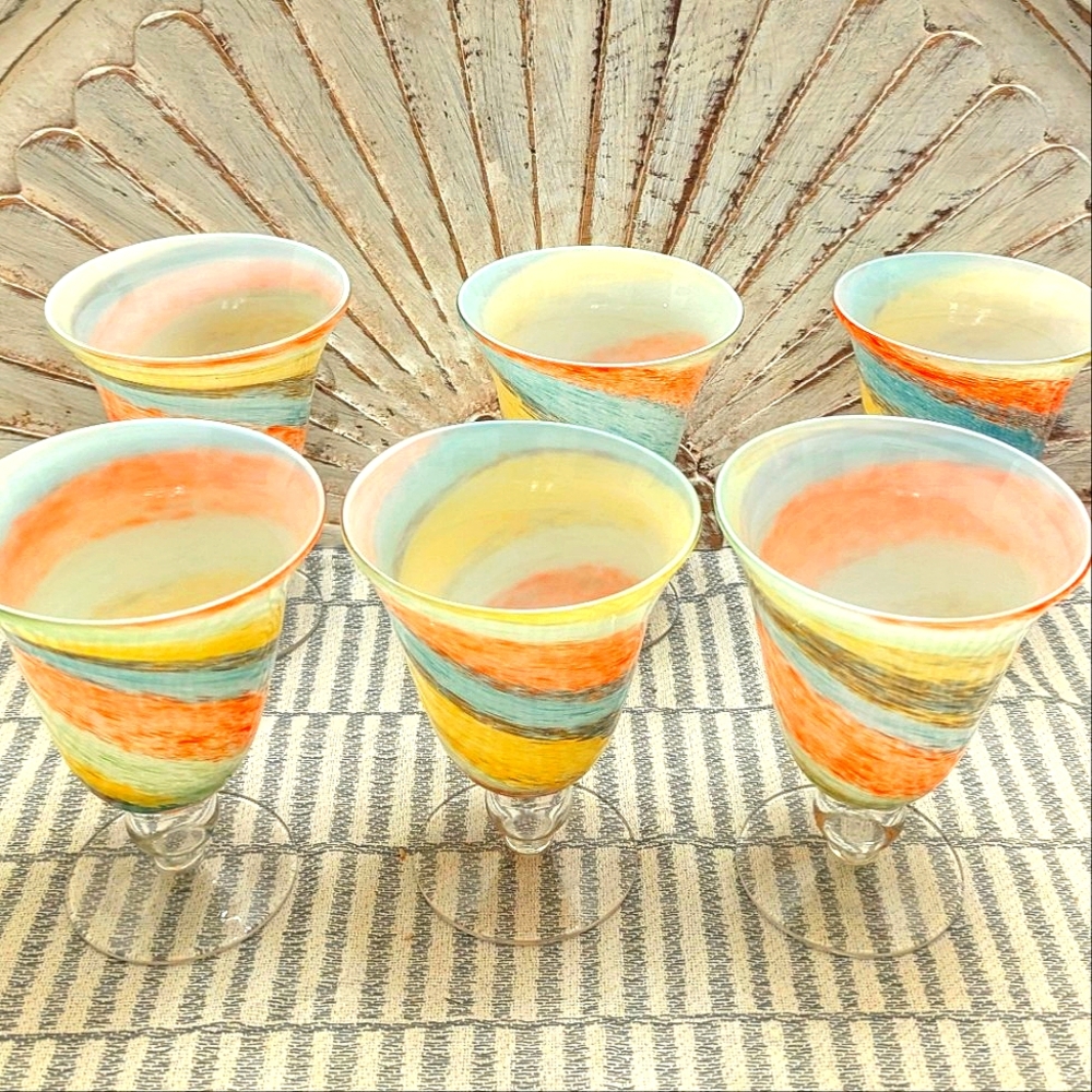 Vintage Set of Six Rare Multicolored Art Glass Swirl Parfait Goblets – Ball Stem